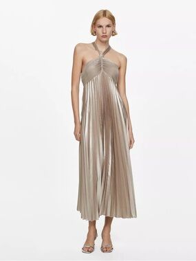 Mango Metallic Pleated Halter Neck Dress